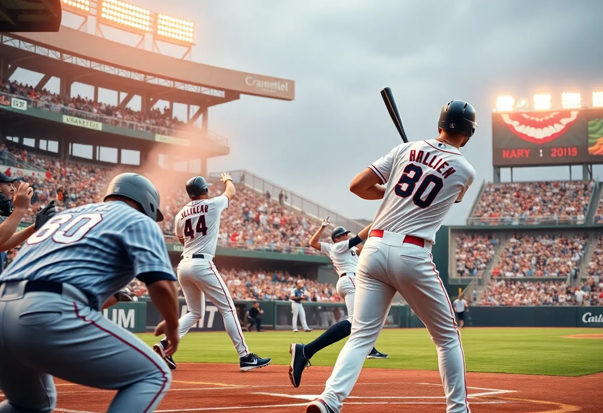 Dynamic baseball scene showing game action between the Angels and Red Sox.
