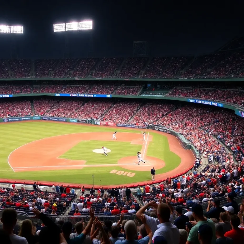Fans cheering at the Angels vs Athletics baseball game at Angel Stadium