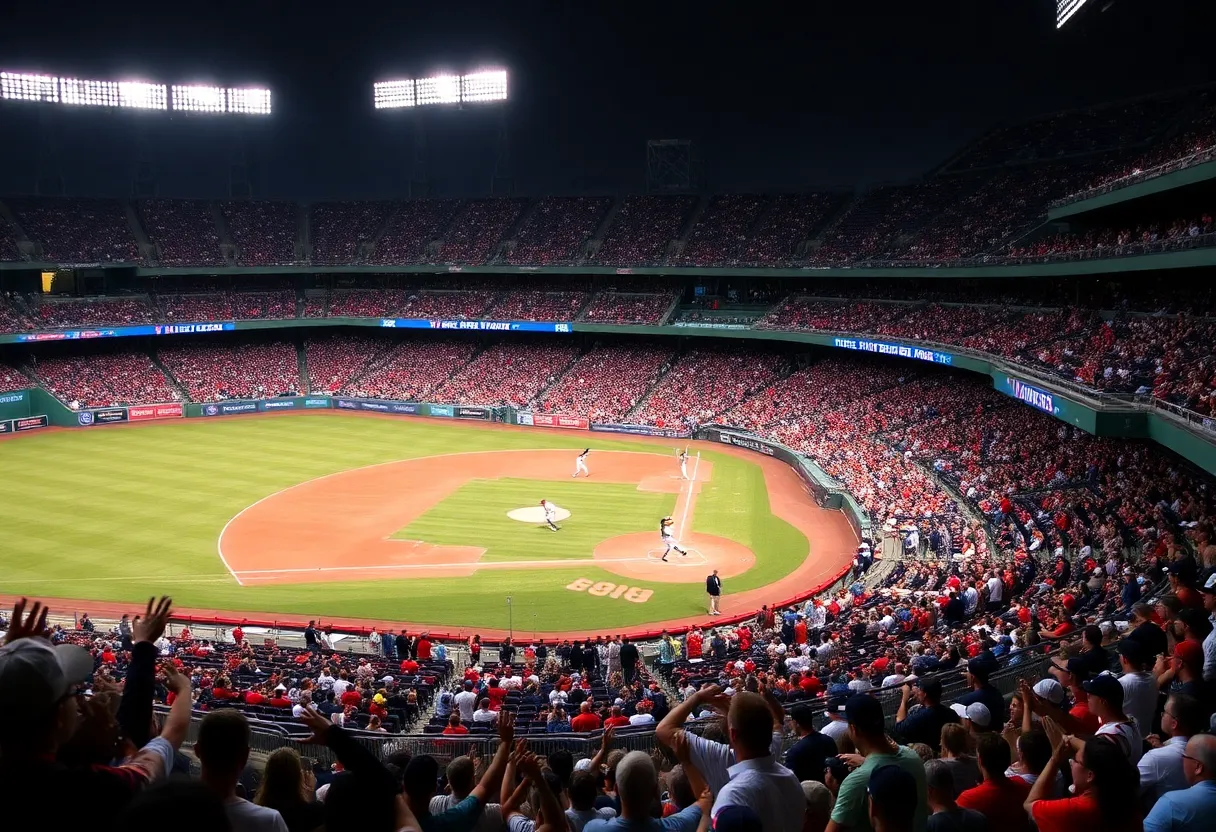 Fans cheering at the Angels vs Athletics baseball game at Angel Stadium