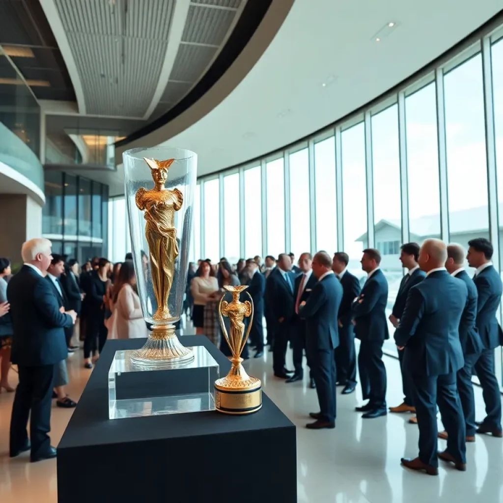 An elegant architecture awards ceremony featuring trophies and architectural designs.