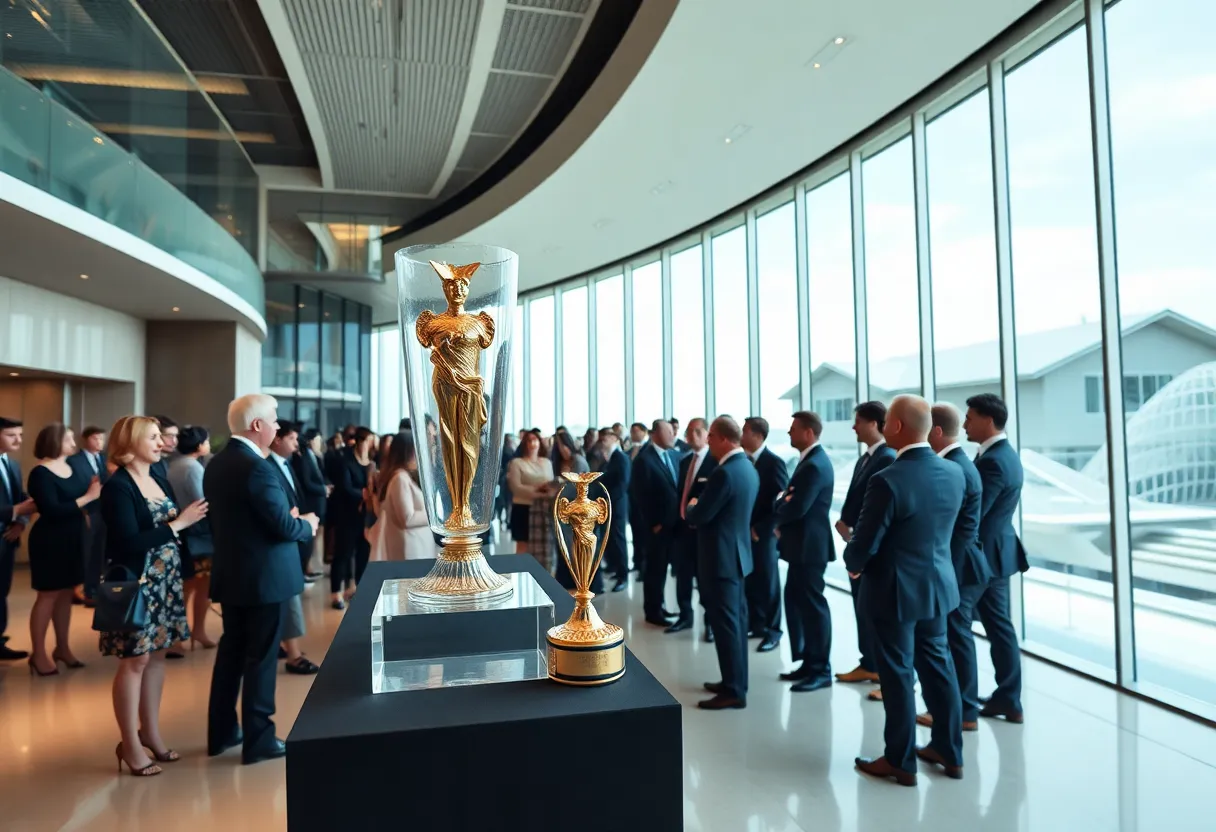 An elegant architecture awards ceremony featuring trophies and architectural designs.