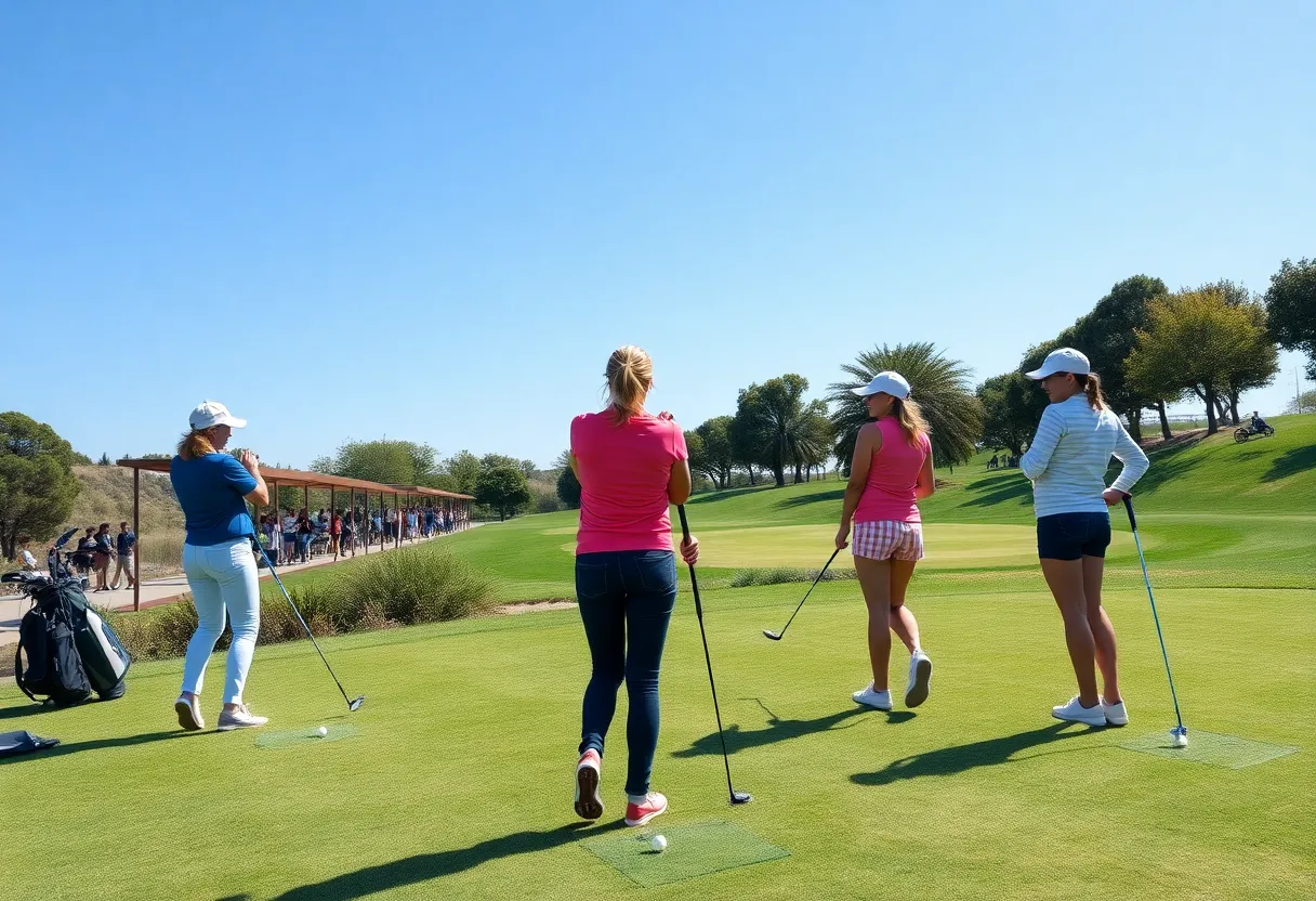 Women golfers practicing on a sunny day at a golf course
