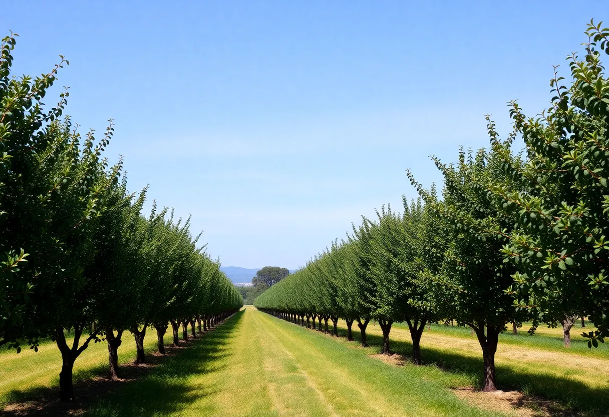 Lush avocado orchards in California with clear blue skies