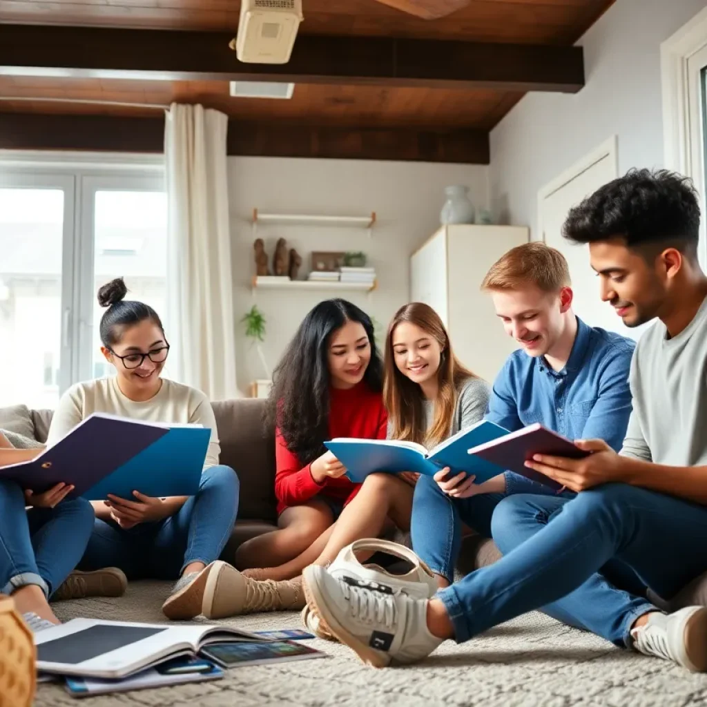 Group of diverse college students studying in an apartment representing housing stability