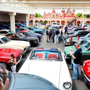 Event showcasing various cars in a parking garage with families and car enthusiasts