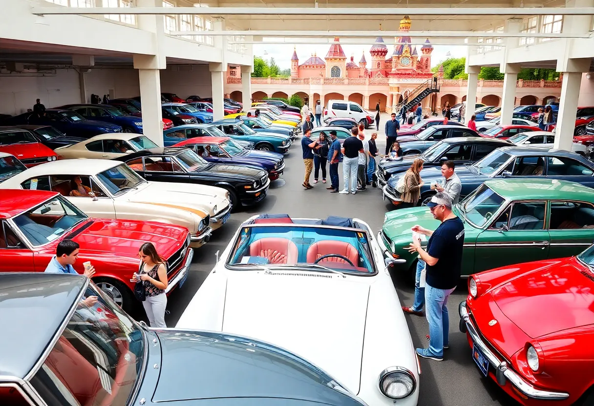 Event showcasing various cars in a parking garage with families and car enthusiasts