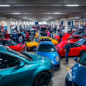A bustling scene of the Cars and Coffee event in Anaheim with various cars and attendees.