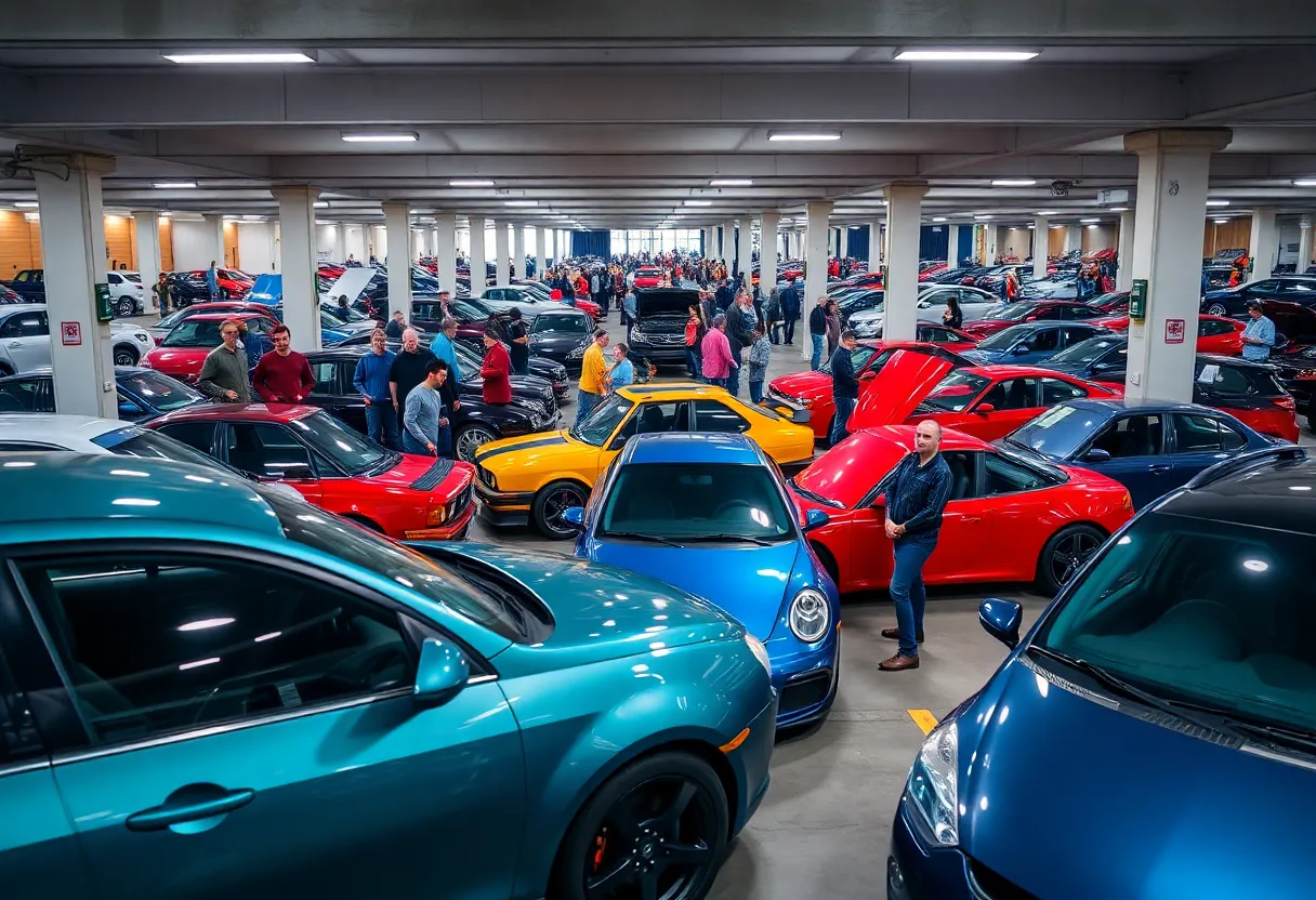 A bustling scene of the Cars and Coffee event in Anaheim with various cars and attendees.