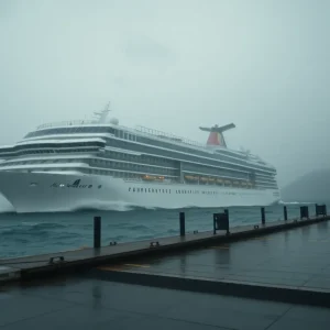 Celebrity Edge cruise ship drifting away from the dock during a storm in Juneau, Alaska