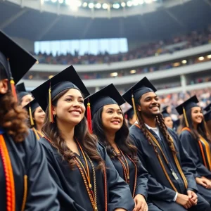 Graduates celebrating at the CSUF commencement ceremony