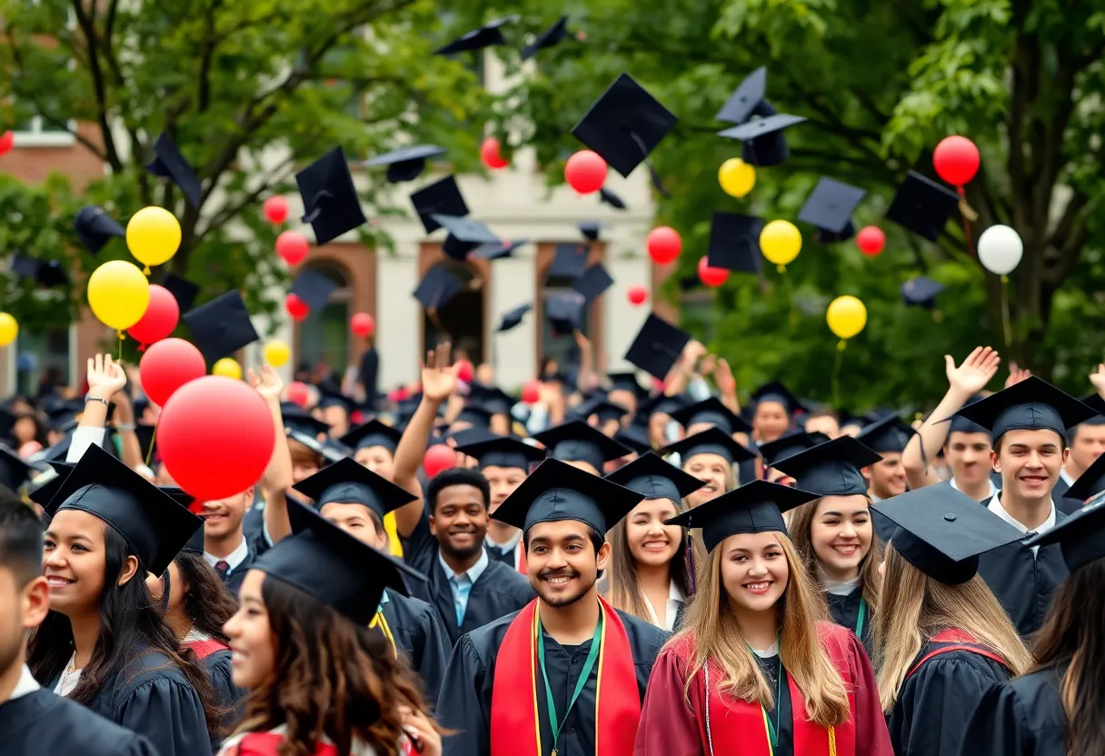 Students celebrating graduation at California State University, Fullerton