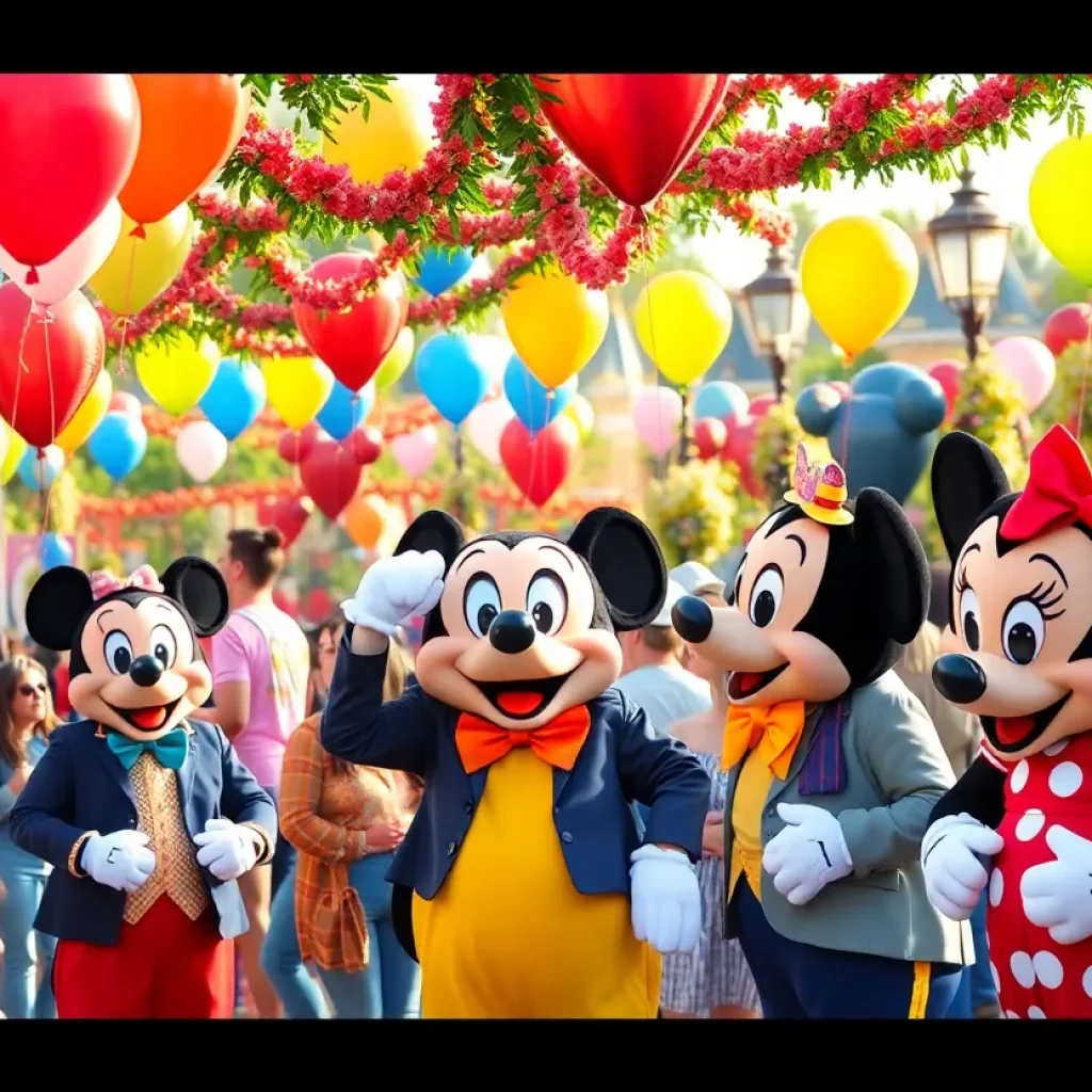 Disneyland characters interacting with community members at the 70th anniversary celebration.