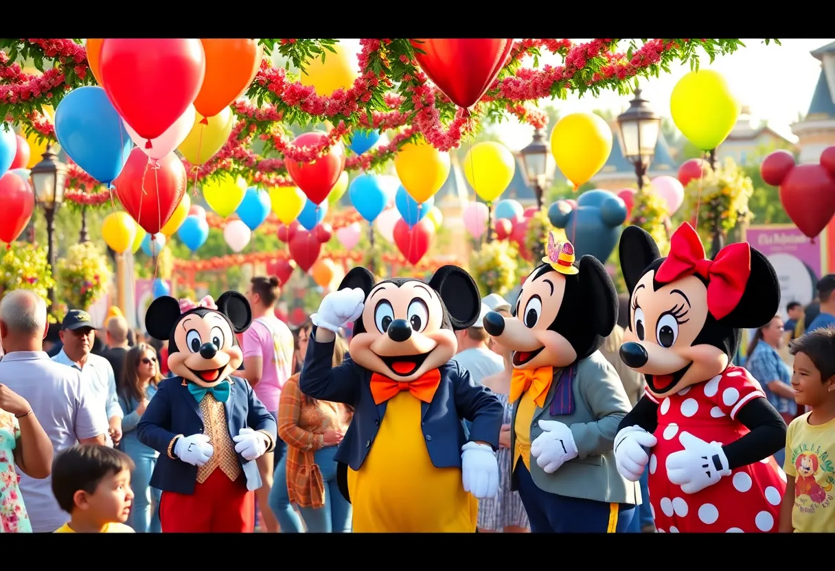Disneyland characters interacting with community members at the 70th anniversary celebration.