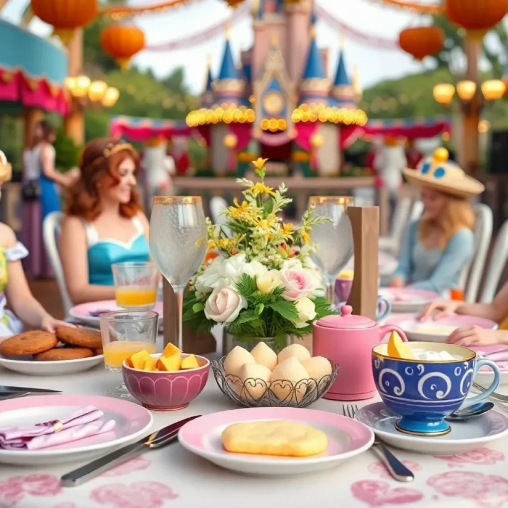 A beautifully decorated breakfast table at Disneyland with Disney princess themes.