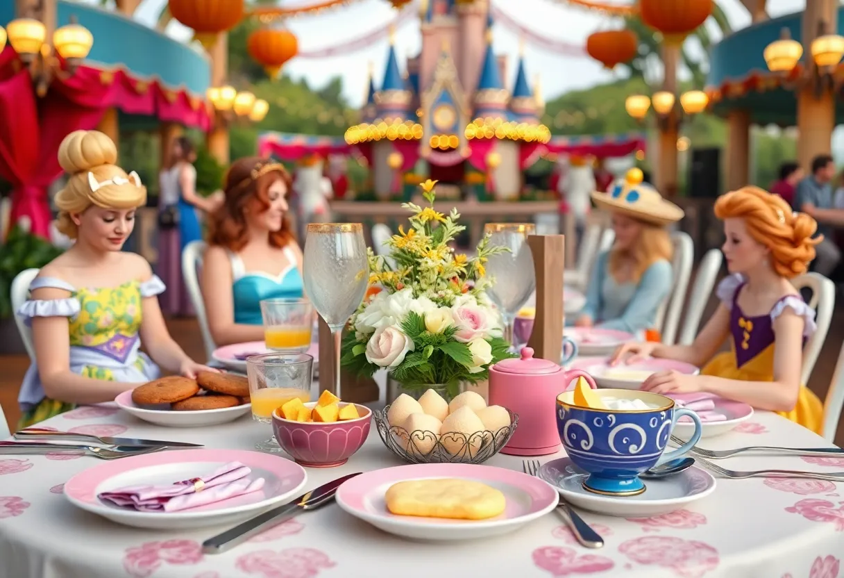 A beautifully decorated breakfast table at Disneyland with Disney princess themes.