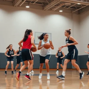 Women's basketball team practicing on court