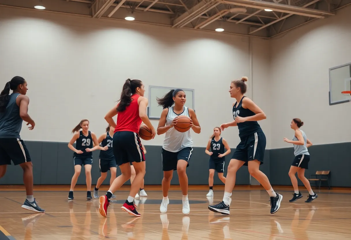 Women's basketball team practicing on court