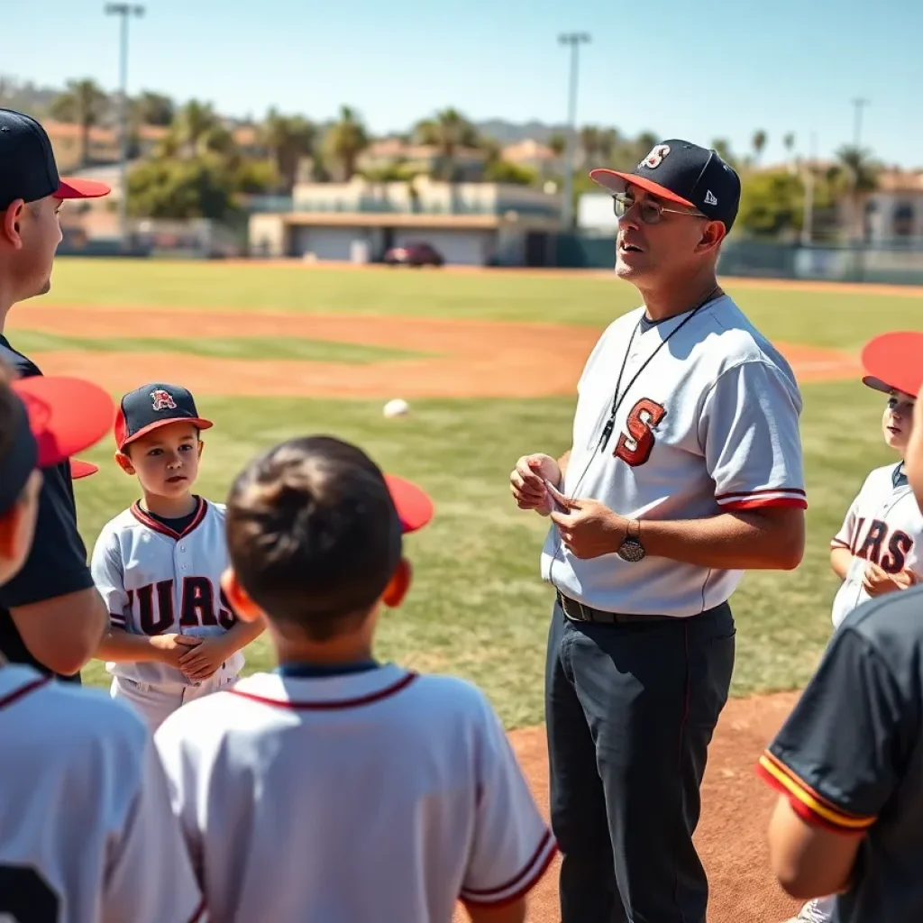 Kevin Vance addressing his baseball team during practice