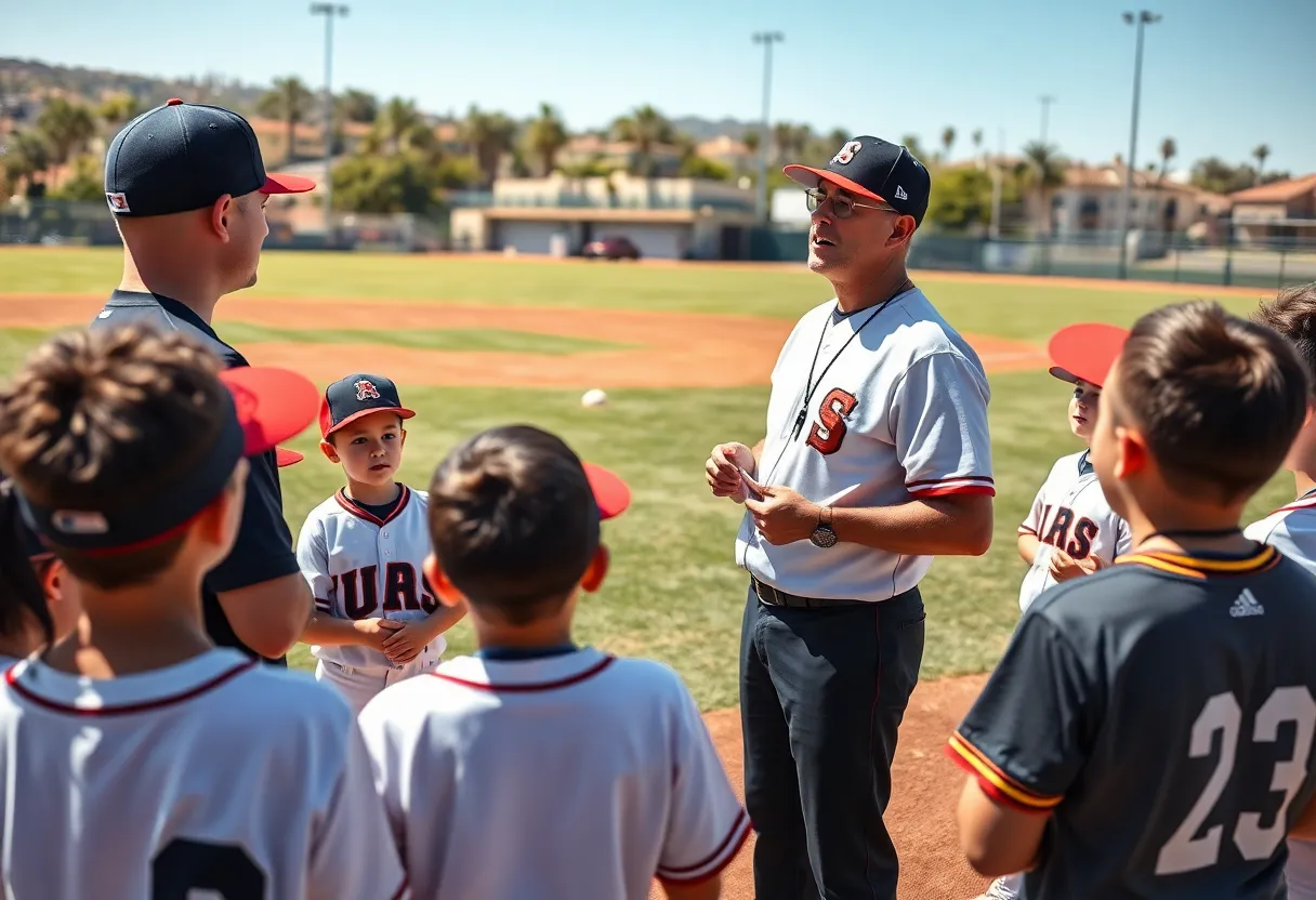 Kevin Vance addressing his baseball team during practice