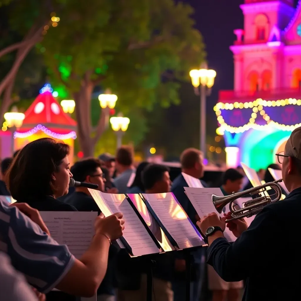 Kuna High School Wind Ensemble performing at Disneyland under the night sky.