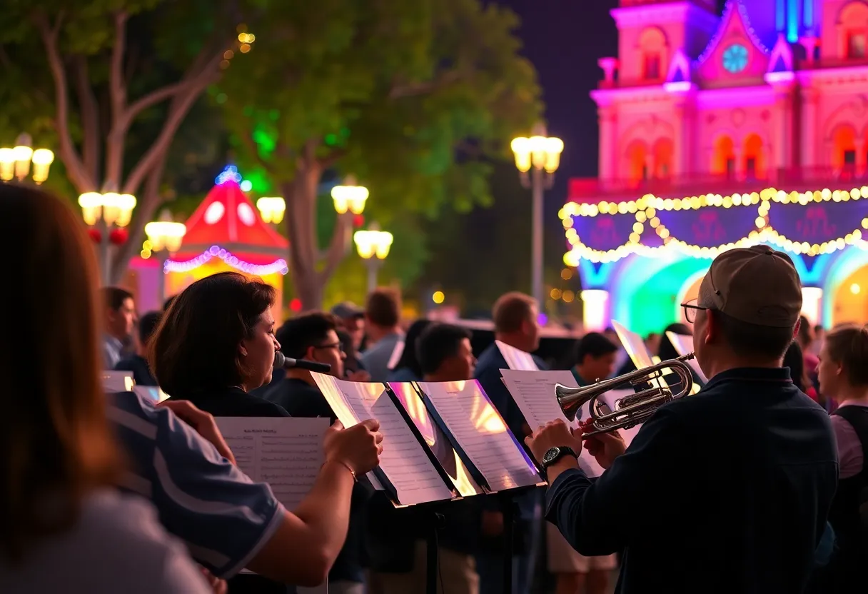 Kuna High School Wind Ensemble performing at Disneyland under the night sky.