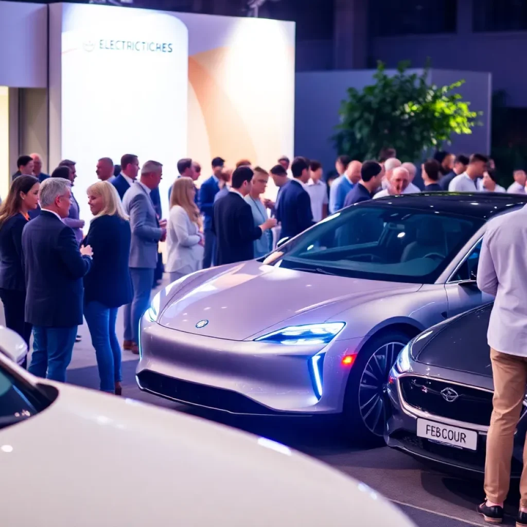 Event attendees interacting and showcasing luxury electric vehicles at the Pathways to Progress event.