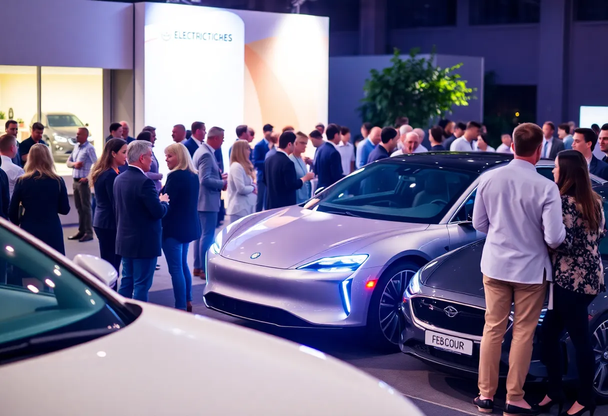 Event attendees interacting and showcasing luxury electric vehicles at the Pathways to Progress event.