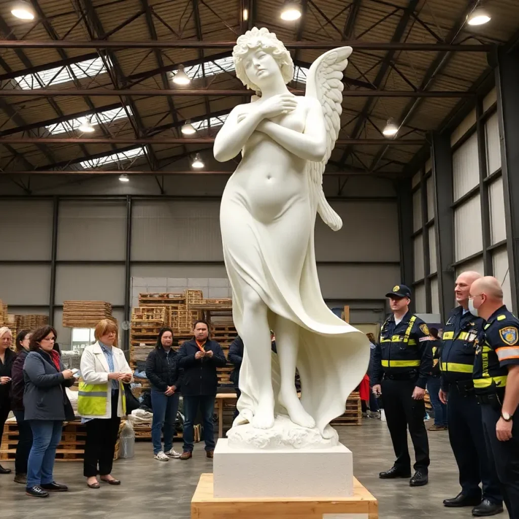 Two elegant large sculptures in a warehouse setting.
