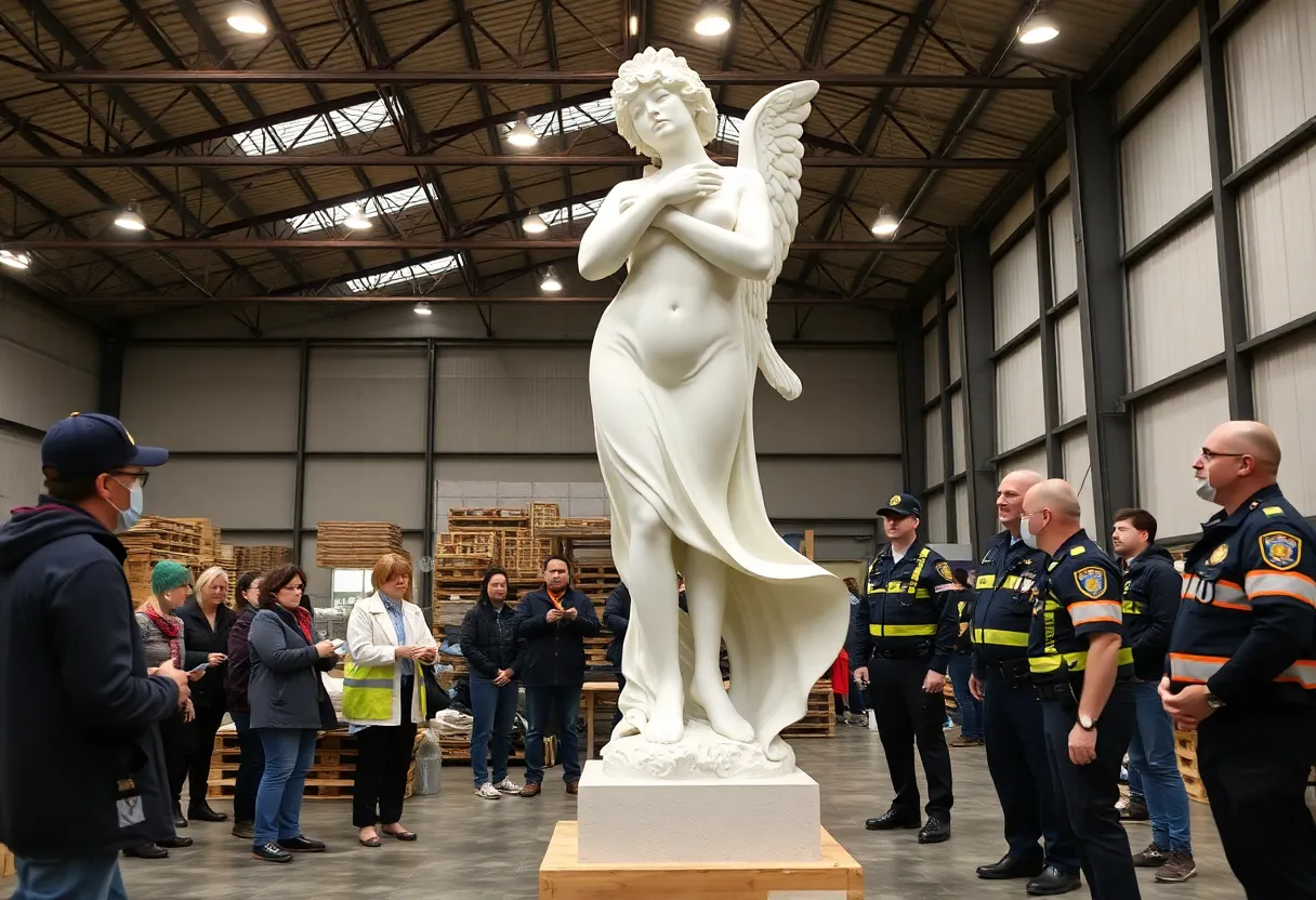 Two elegant large sculptures in a warehouse setting.