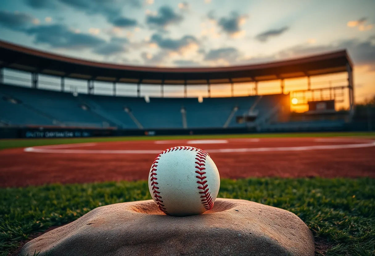 Empty baseball field at sunset reflecting leadership change in SDSU baseball