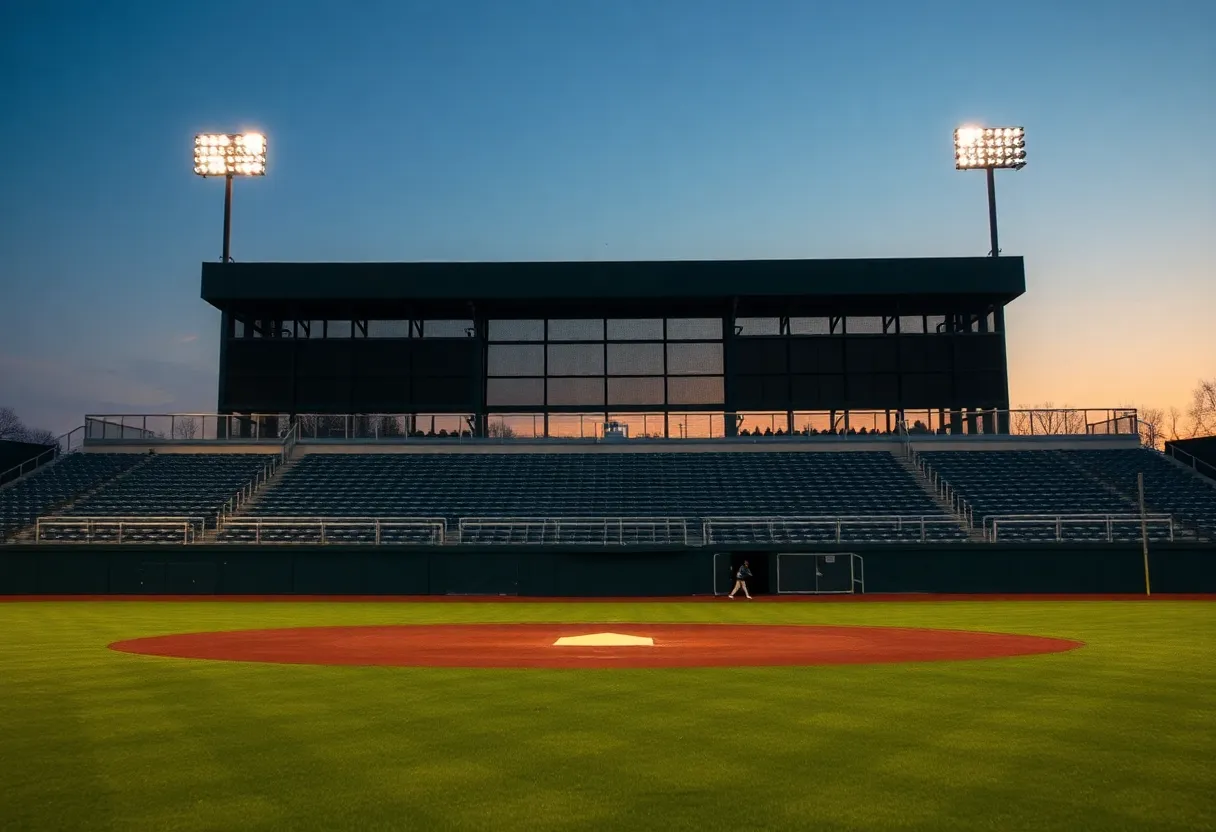 View of SDSU baseball field showing worn seating