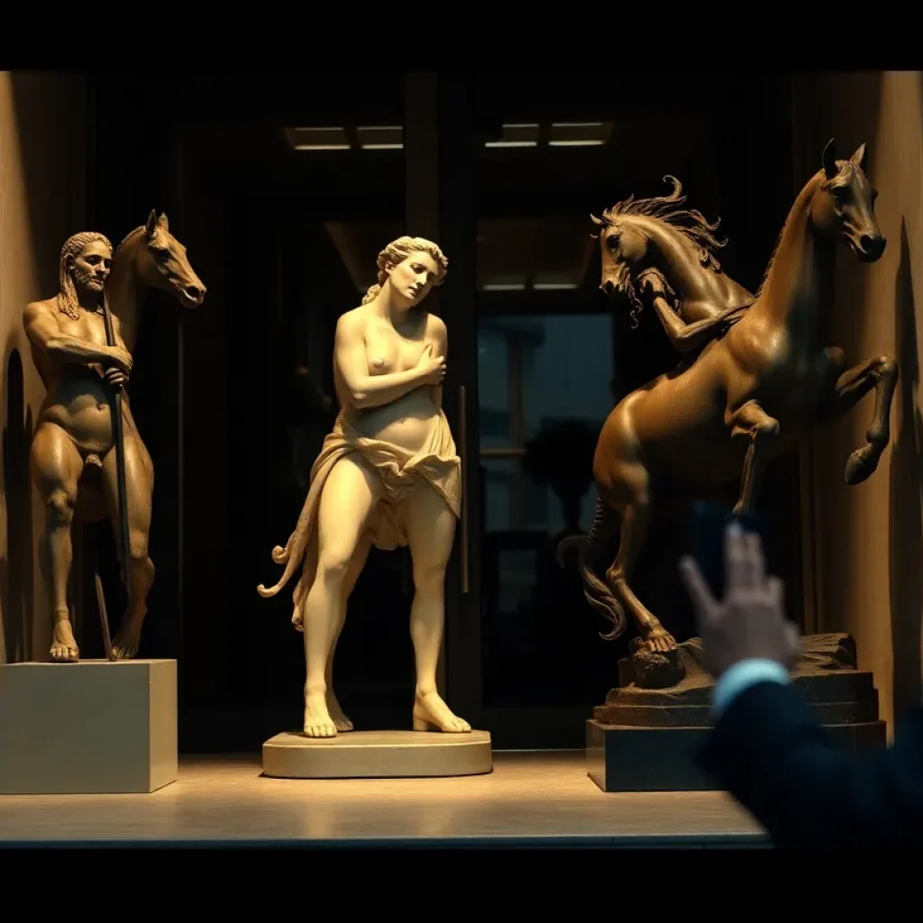 A visual representation of a heist involving the theft of large sculptures.