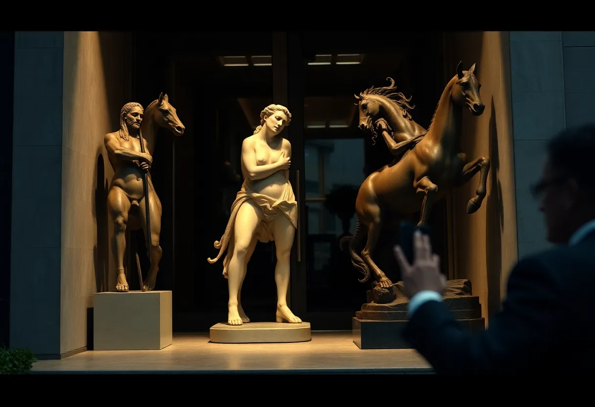 A visual representation of a heist involving the theft of large sculptures.