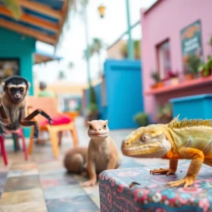 A colorful scene showcasing unique pets representing Ted's adventurous lifestyle.