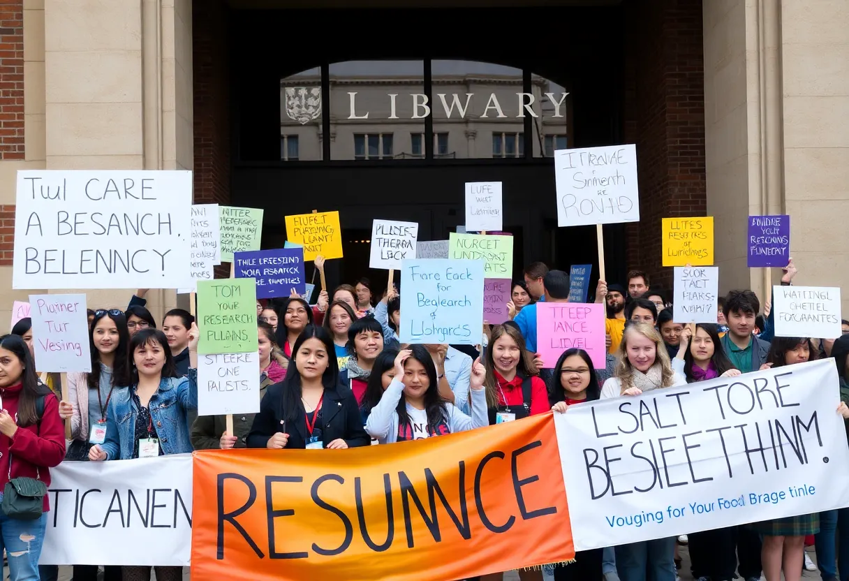 Students protesting outside Geisel Library at UC San Diego