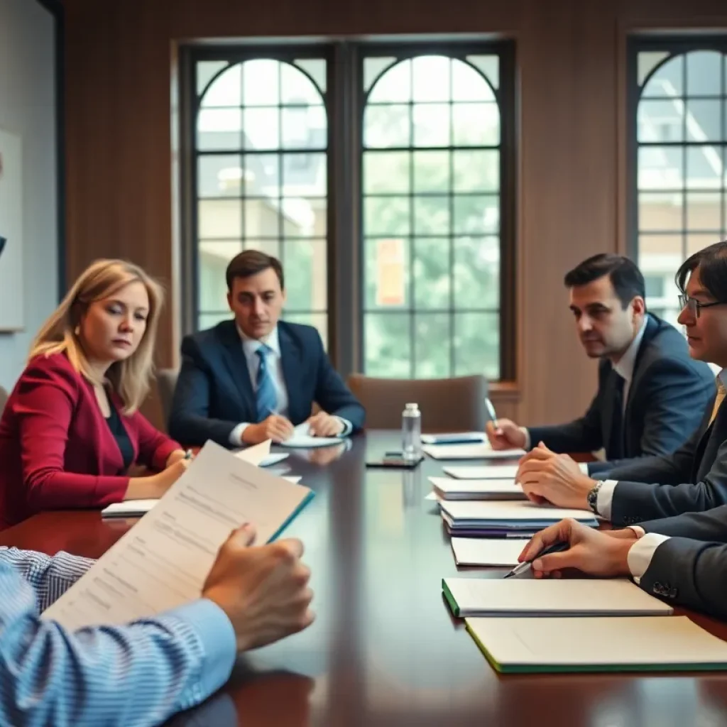 A university board meeting discussing leadership issues with papers and notepads visible.