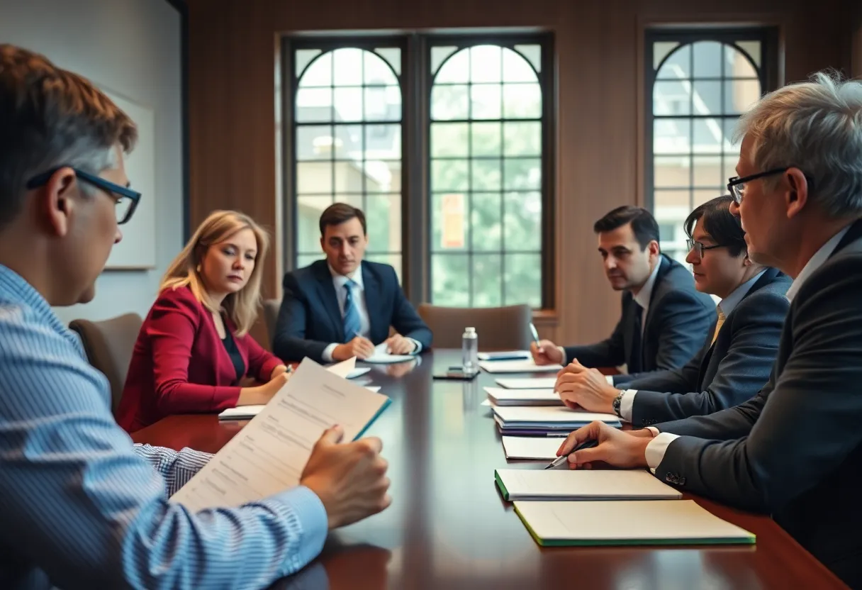 A university board meeting discussing leadership issues with papers and notepads visible.