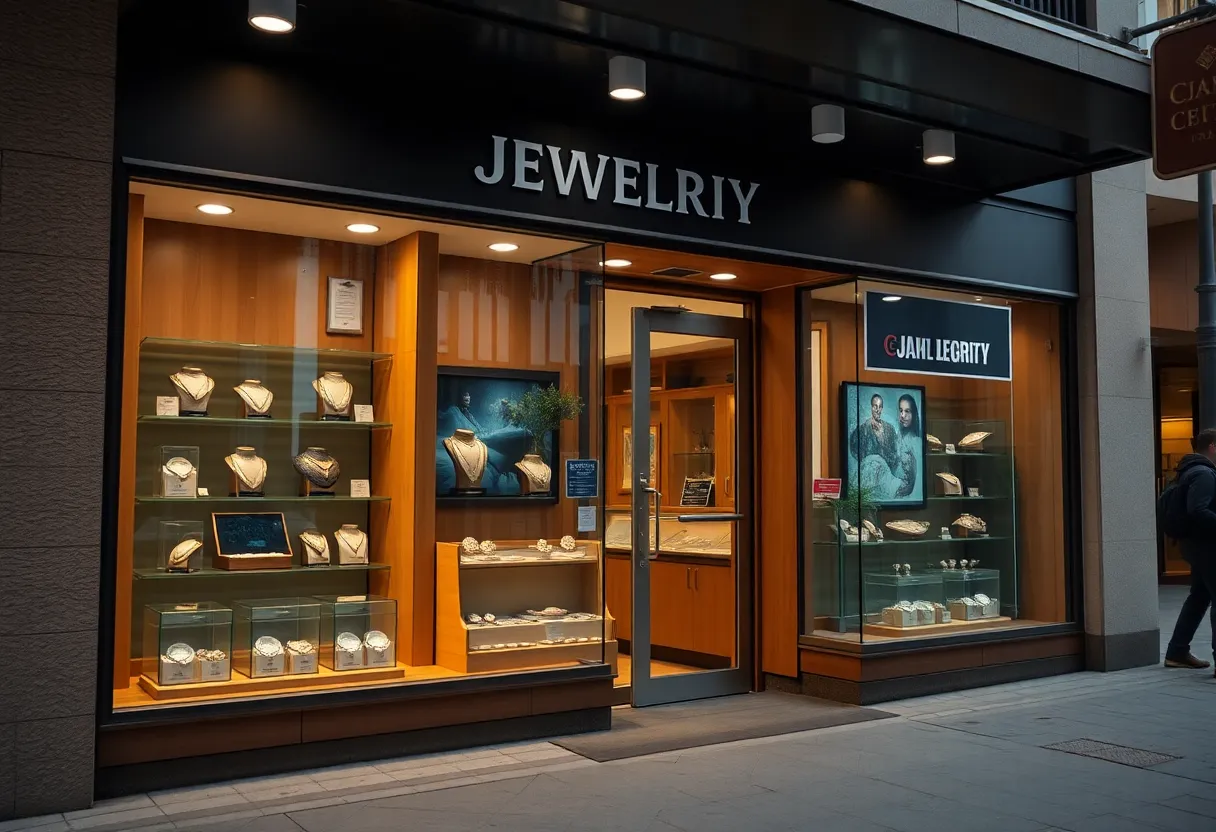 Exterior view of Al-Amira Jewelry showing security measures after the attempted robbery