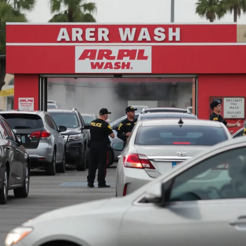 Federal agents at a car wash in a busy neighborhood of Anaheim during an immigration raid.