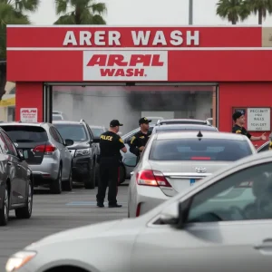 Federal agents at a car wash in a busy neighborhood of Anaheim during an immigration raid.