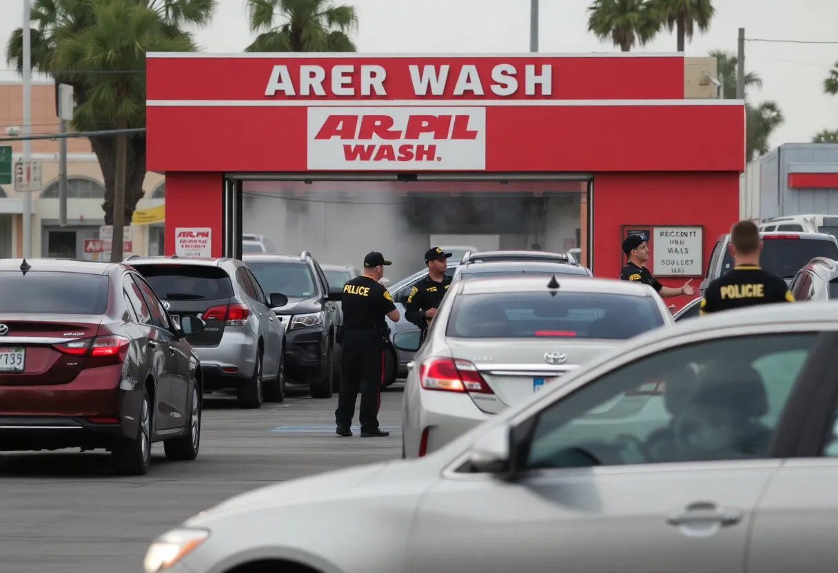 Federal agents at a car wash in a busy neighborhood of Anaheim during an immigration raid.