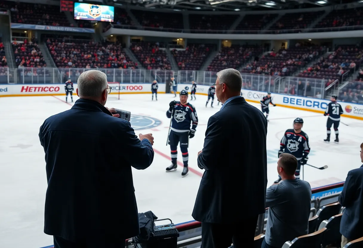 Hockey game demonstrating team strategy with coaches and players.