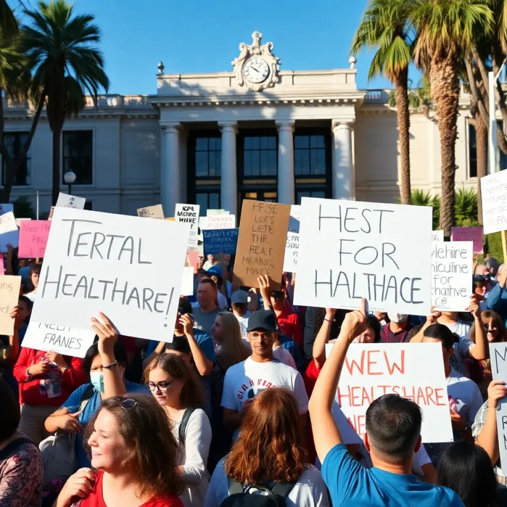 Demonstrators holding signs during a healthcare protest in Anaheim.
