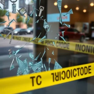 Shattered jewelry store window with police tape