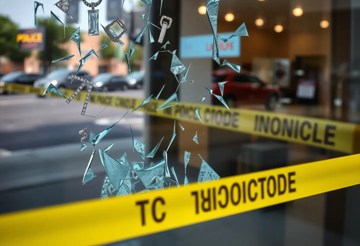 Shattered jewelry store window with police tape