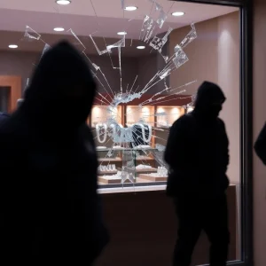 A jewelry store exterior with signs of a robbery and police activity.