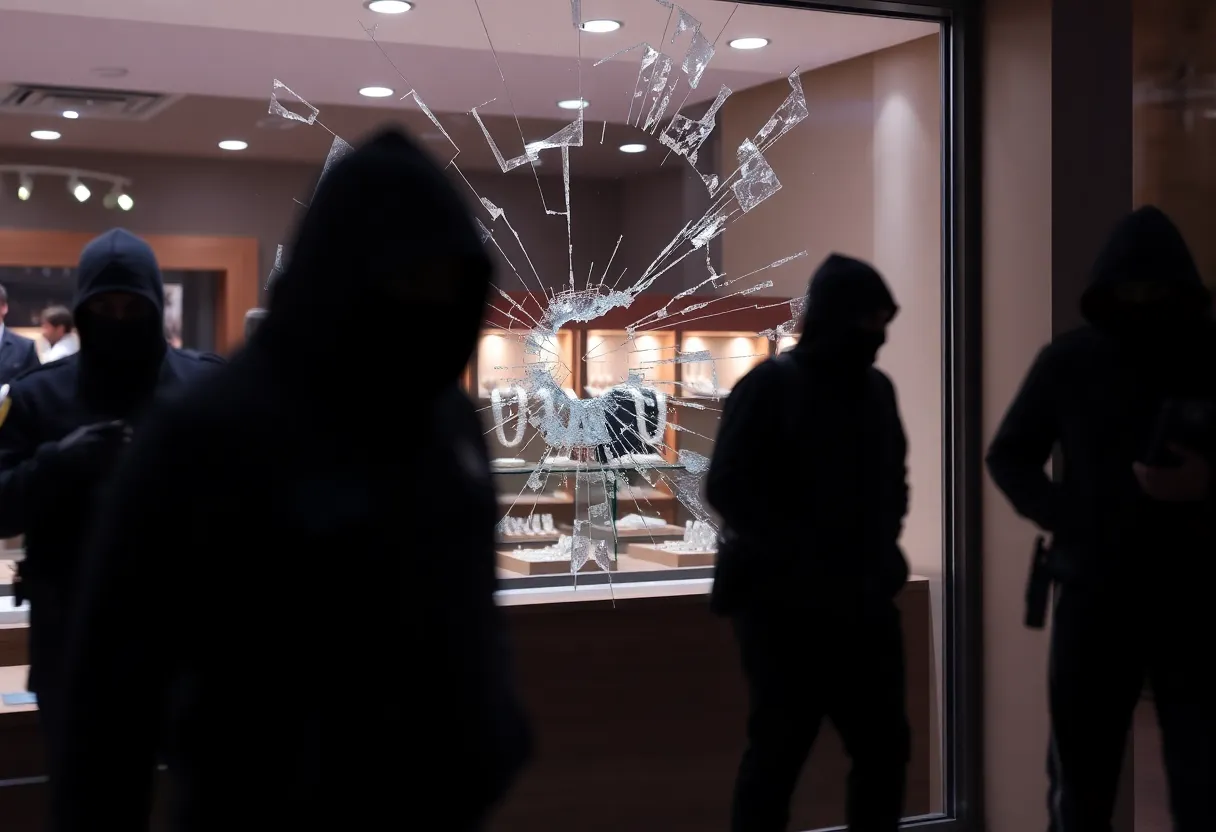 A jewelry store exterior with signs of a robbery and police activity.