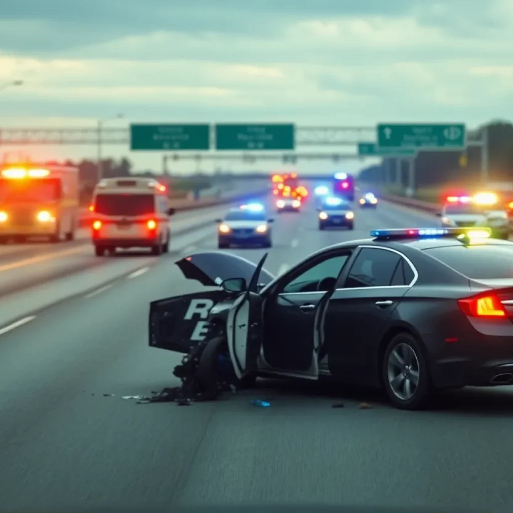 Scene of a car crash after a police chase on the freeway