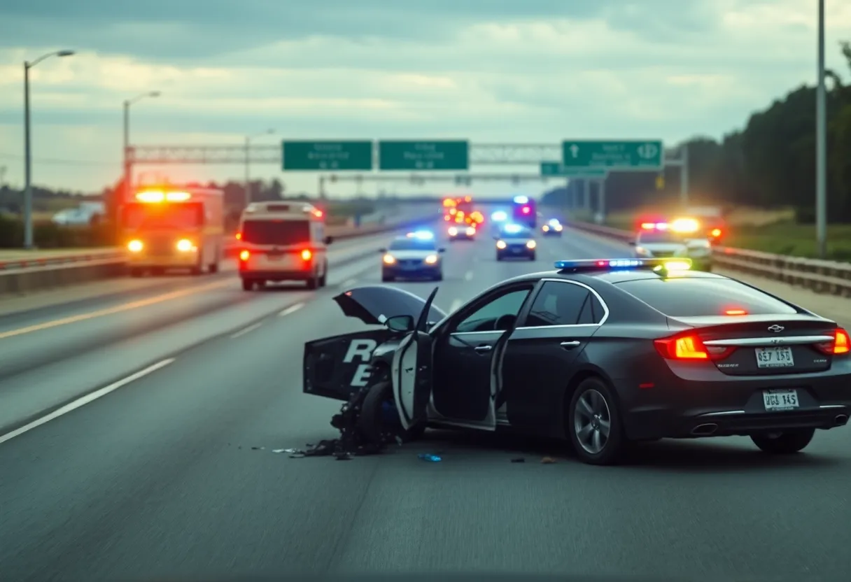 Scene of a car crash after a police chase on the freeway