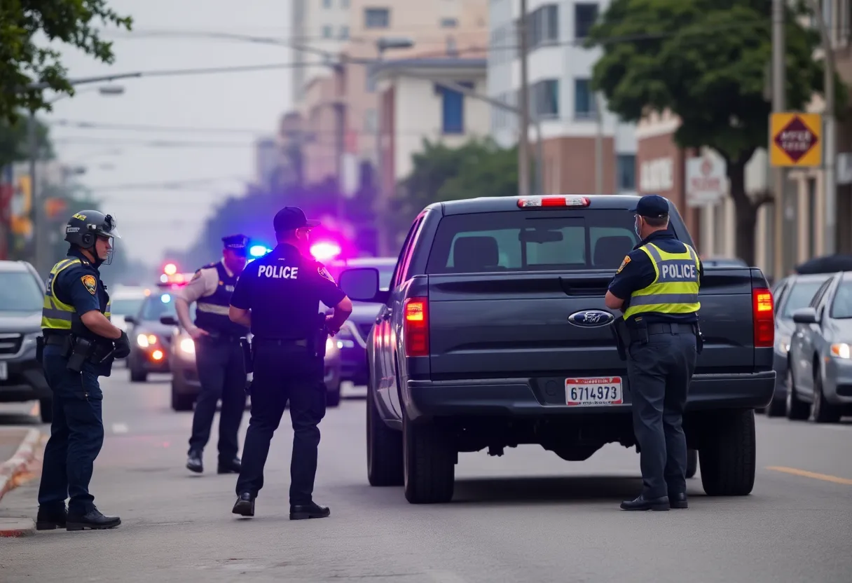 Anaheim police officers confronting a truck in a high-speed chase